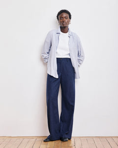 Pantalon Femme en Flanelle de Laine à Rayures Bleu Marine Positanon