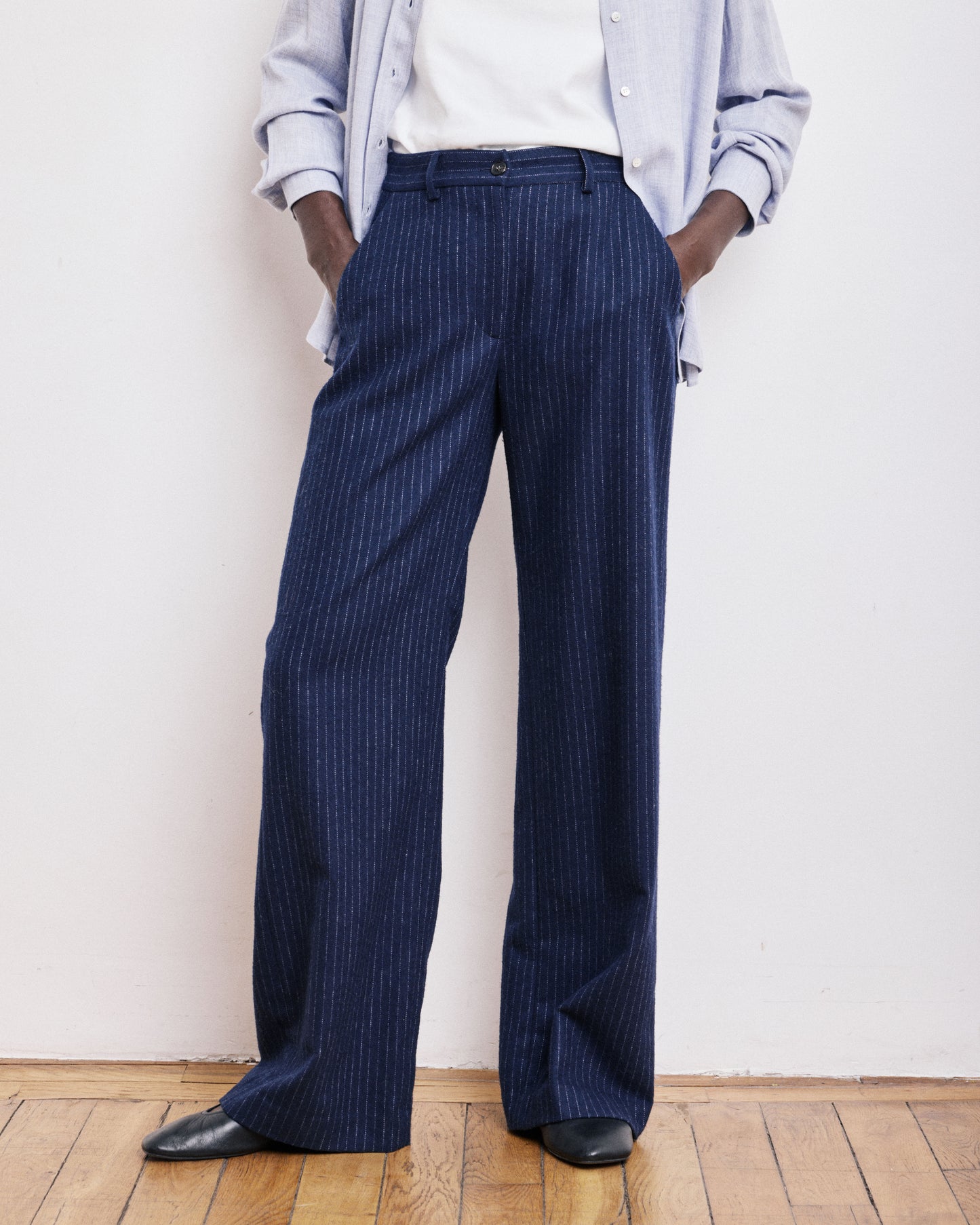 Pantalon Femme en Flanelle de Laine à Rayures Bleu Marine Positanon