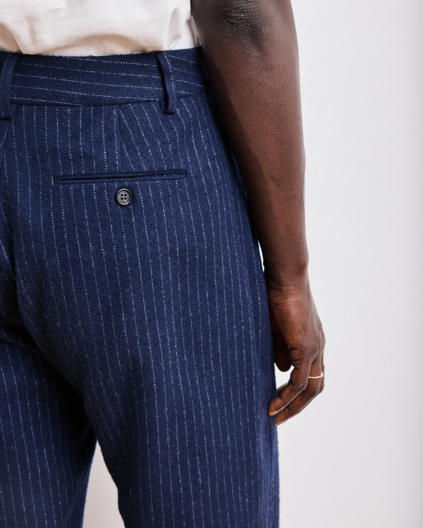 Pantalon Femme en Flanelle de Laine à Rayures Bleu Marine Positanon