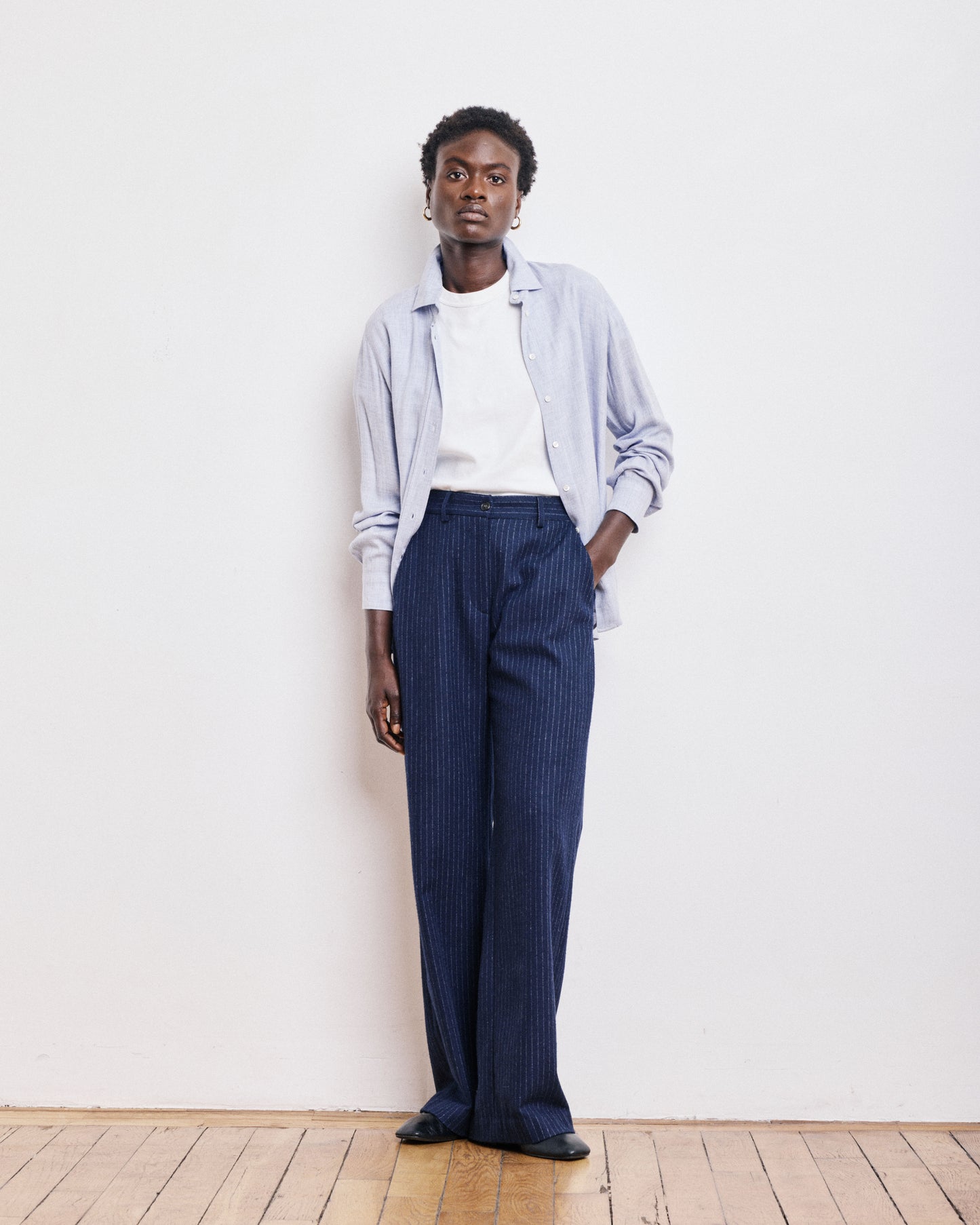 Pantalon Femme en Flanelle de Laine à Rayures Bleu Marine Positanon