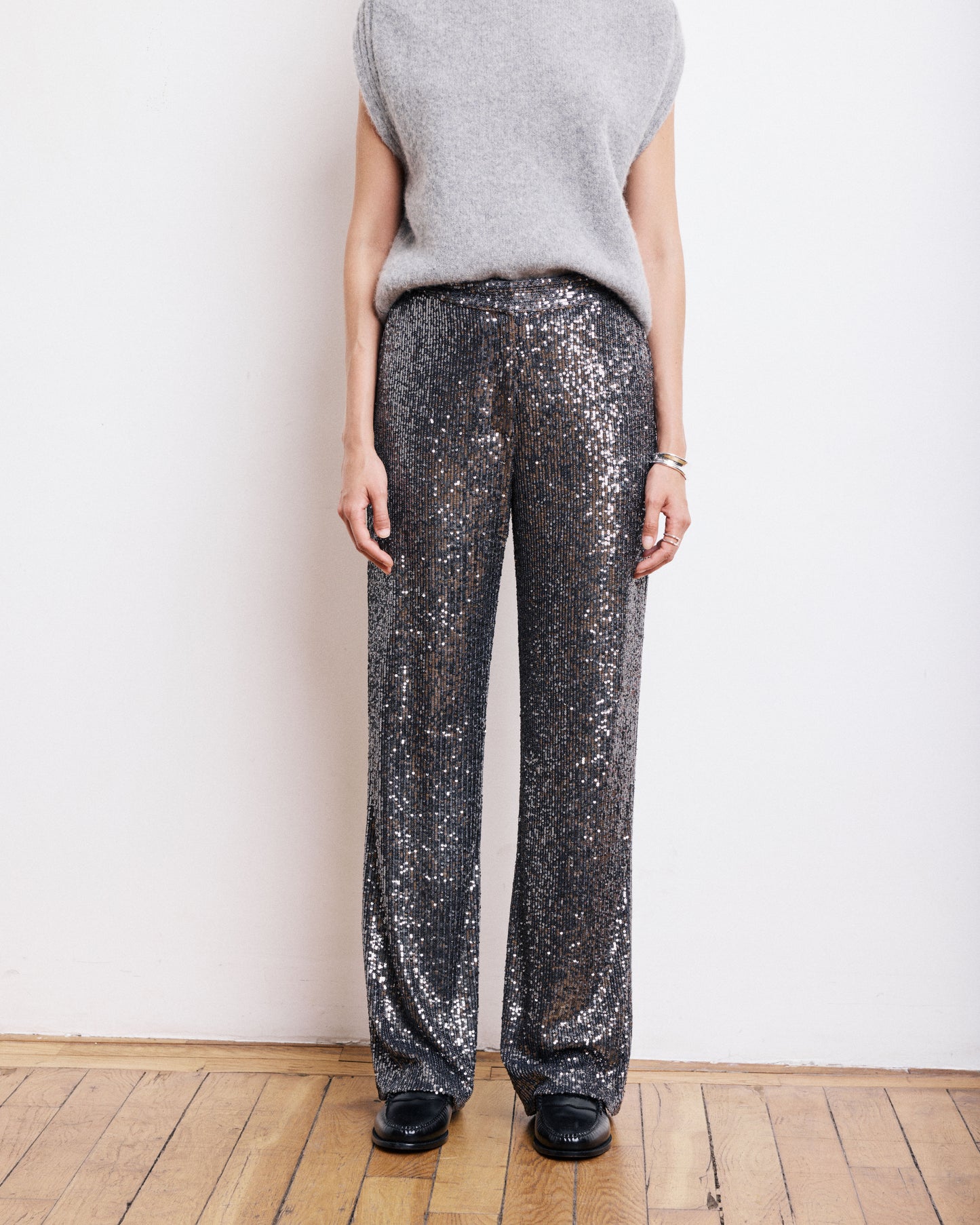 Pantalon Femme en Sequins Gris Anthracite Paillette