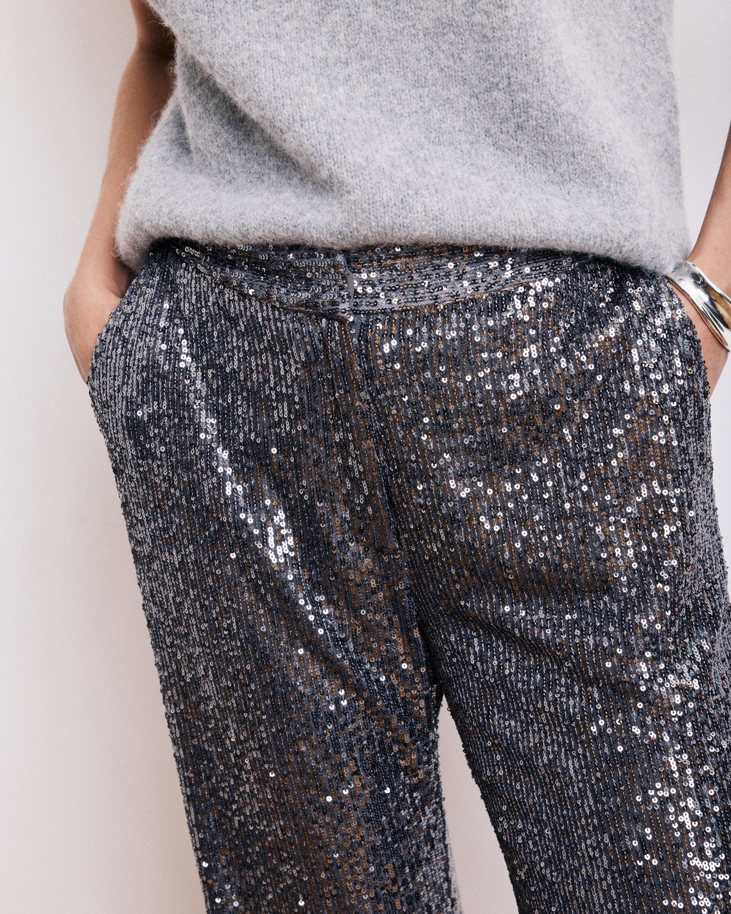 Pantalon Femme en Sequins Gris Anthracite Paillette