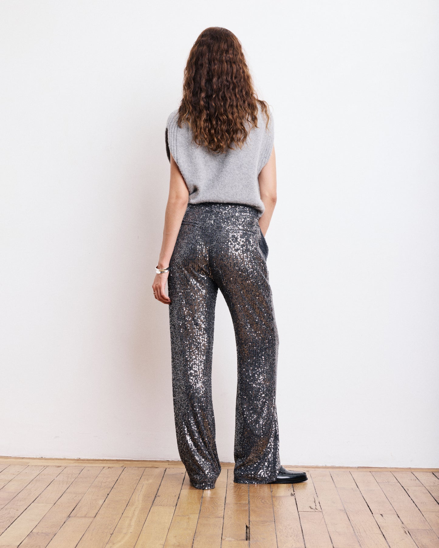 Pantalon Femme en Sequins Gris Anthracite Paillette