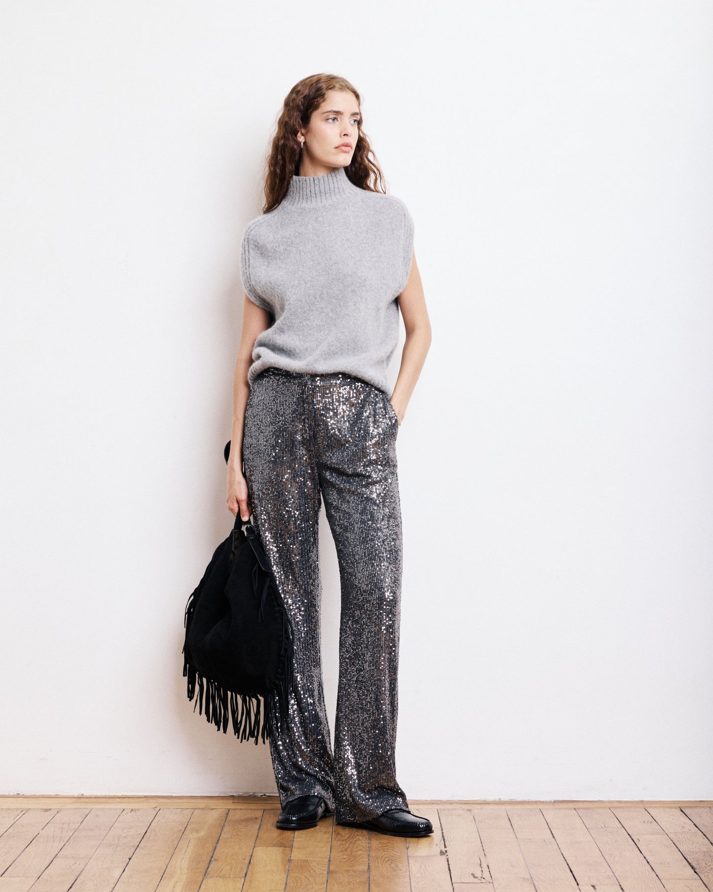 Pantalon Femme en Sequins Gris Anthracite Paillette