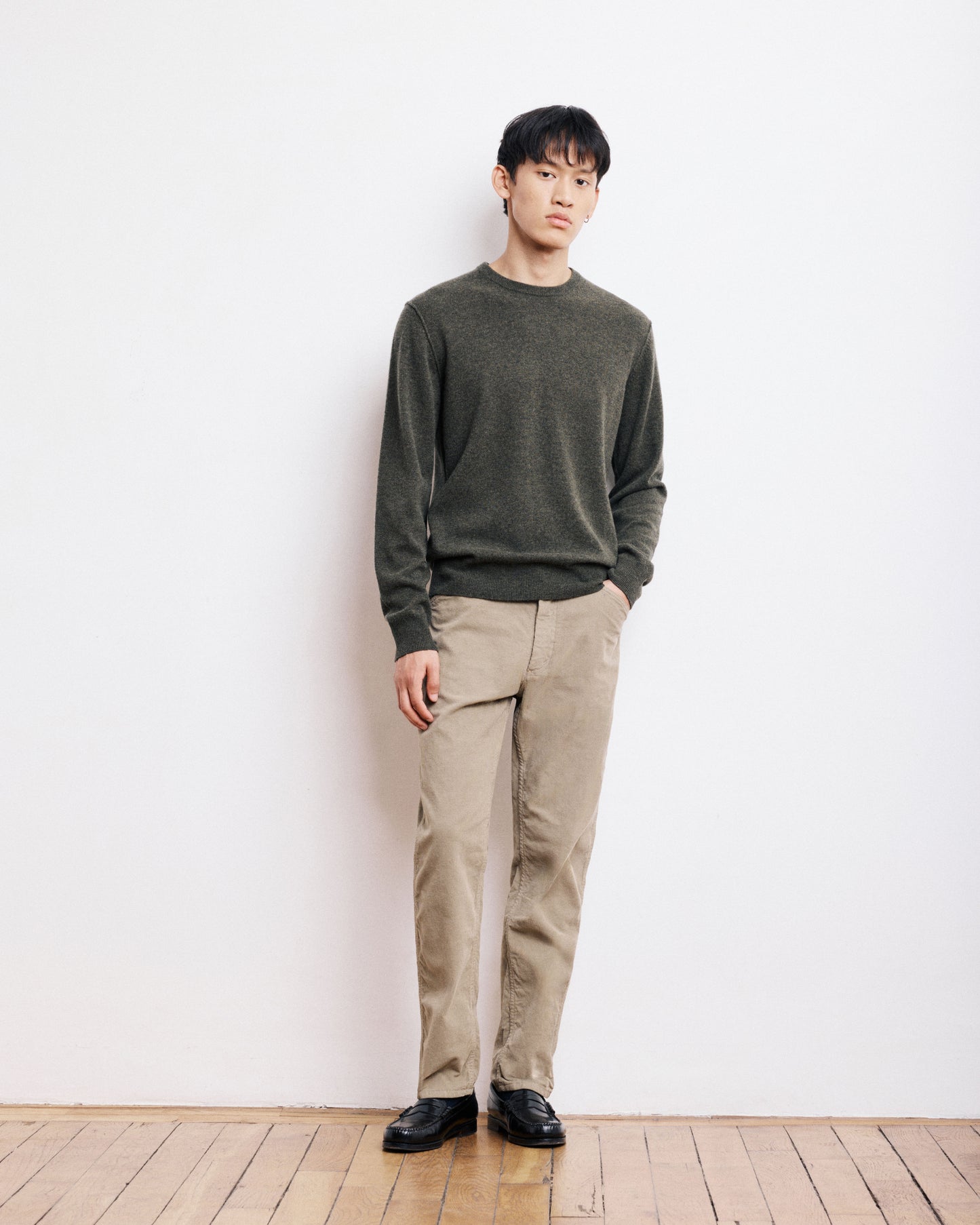 Pull Col Rond Homme en Laine & Cachemire Vert Militaire