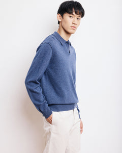 Pull Col Polo Homme en Laine & Cachemire Bleu Cobalt