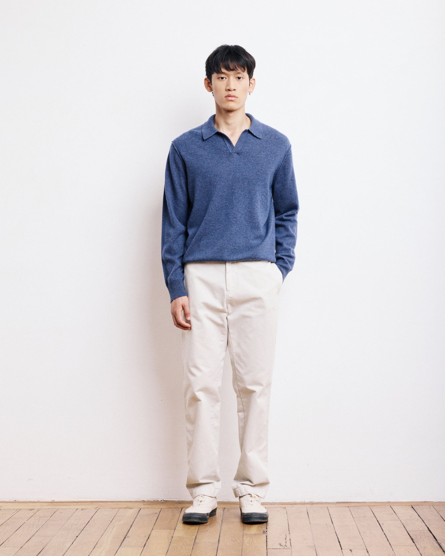 Pull Col Polo Homme en Laine & Cachemire Bleu Cobalt