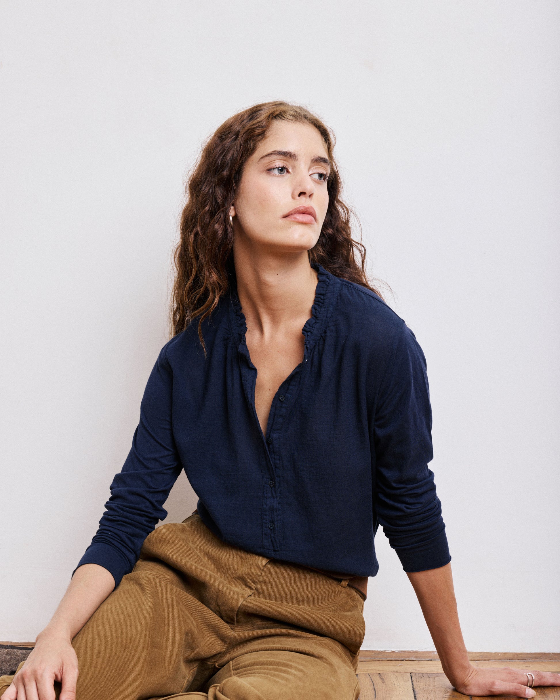 T-Shirt Femme en Coton Bi-Matière Bleu Marine Tumy