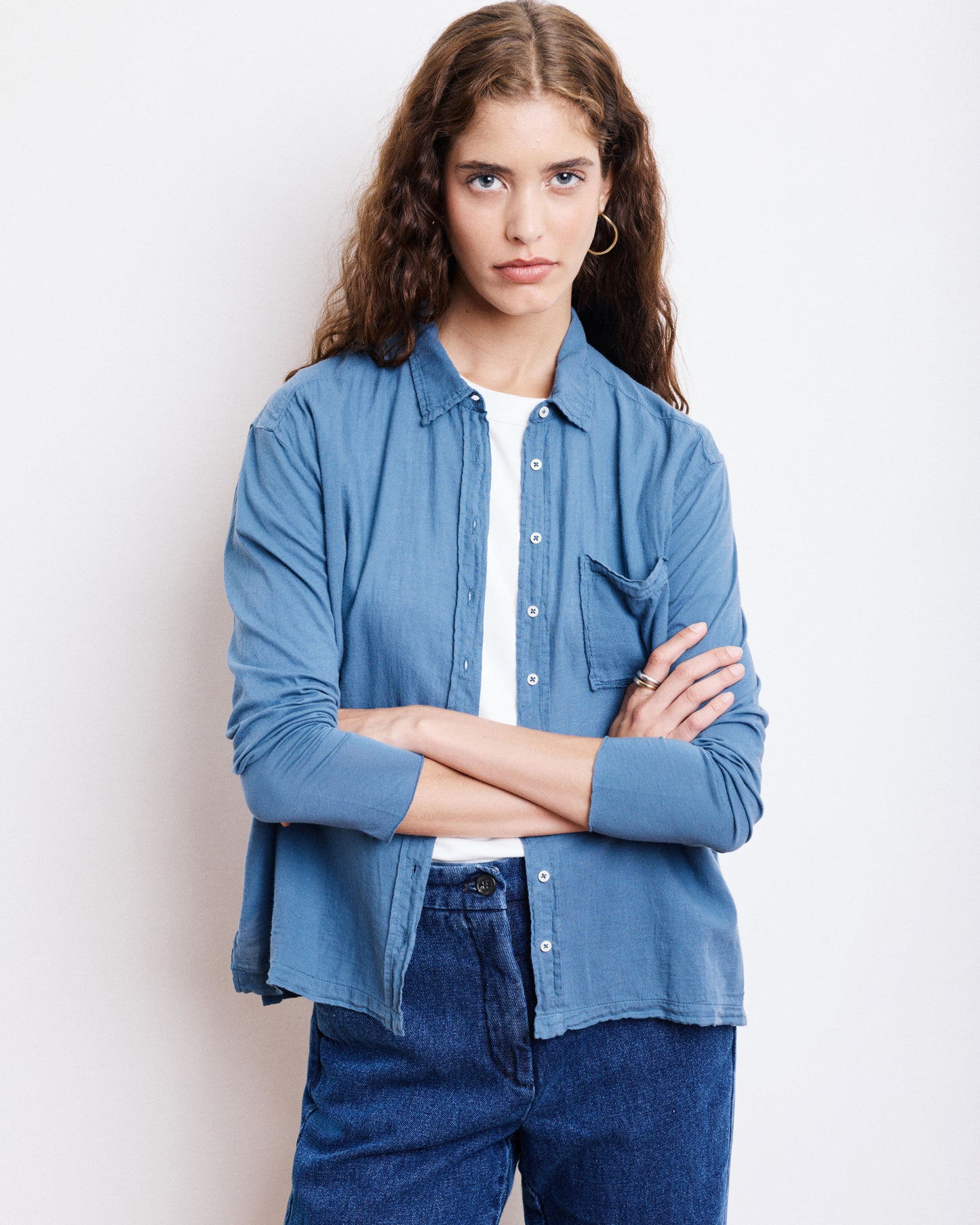 Chemise Femme en Coton Bi-Matière Bleu Denim Tacy