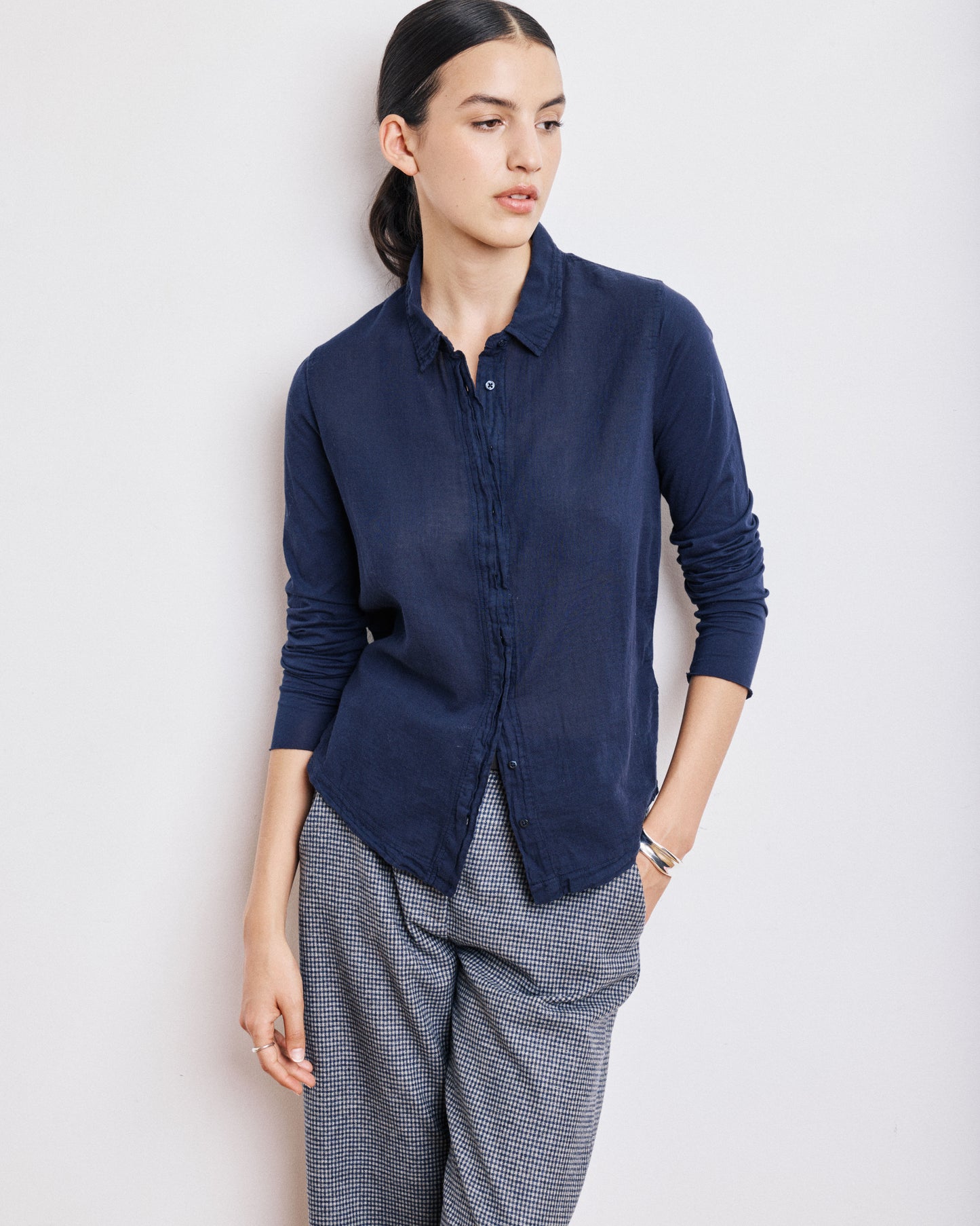 Chemise Femme en Coton Bi-Matière Bleu Marine Tabo