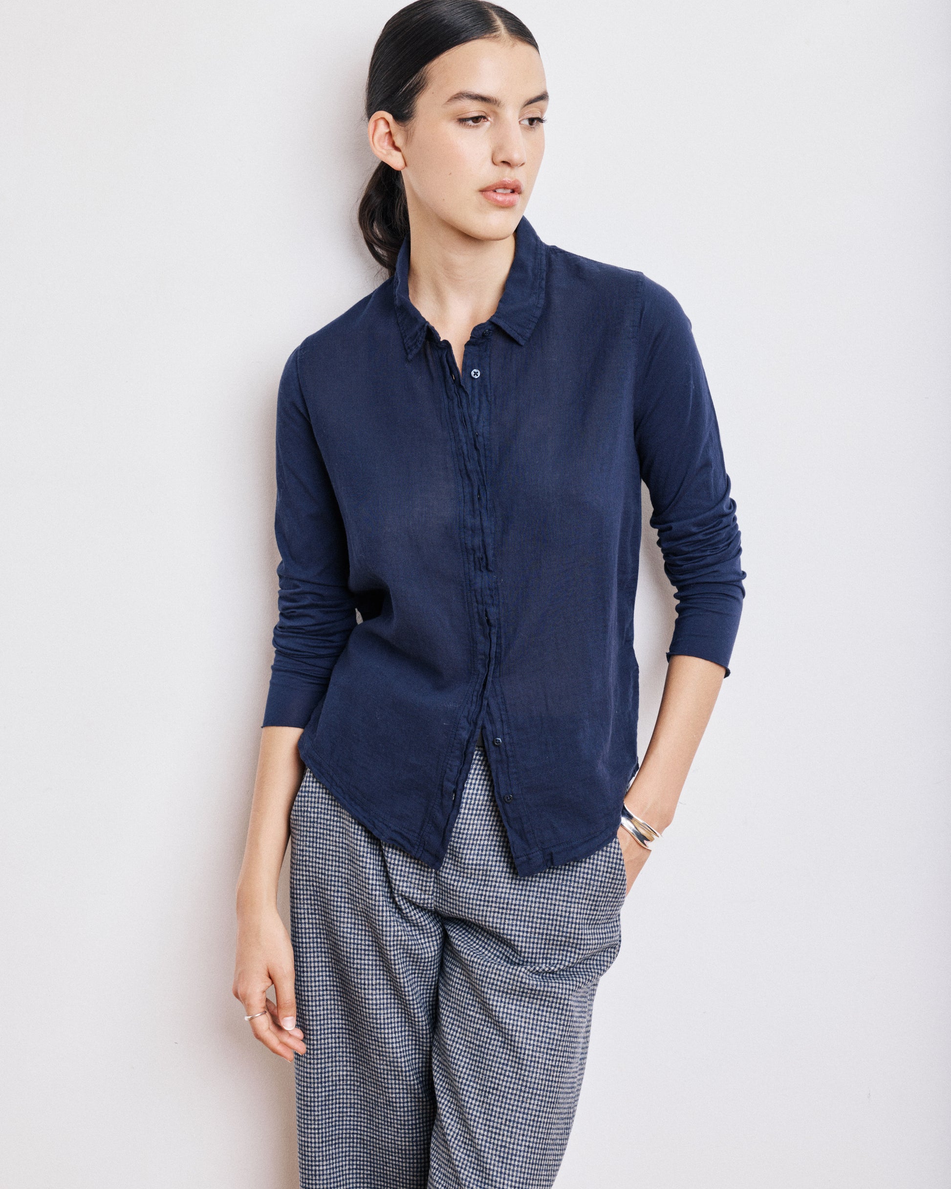Chemise Femme en Coton Bi-Matière Bleu Marine Tabo