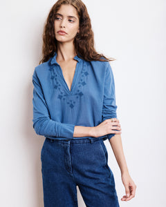 T-Shirt Femme en Coton Bi-Matière Bleu Denim Turgan