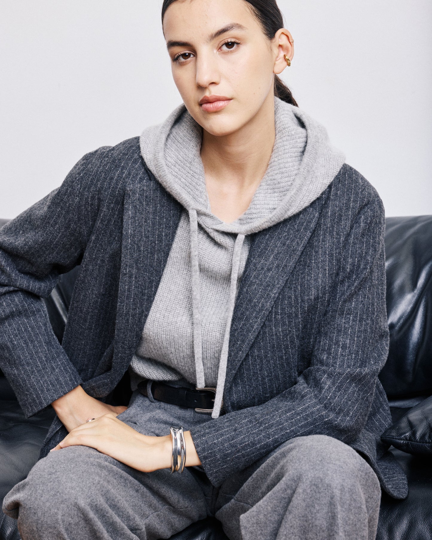 Veste Femme en Flanelle de Laine à Rayures Gris Anthracite Victo