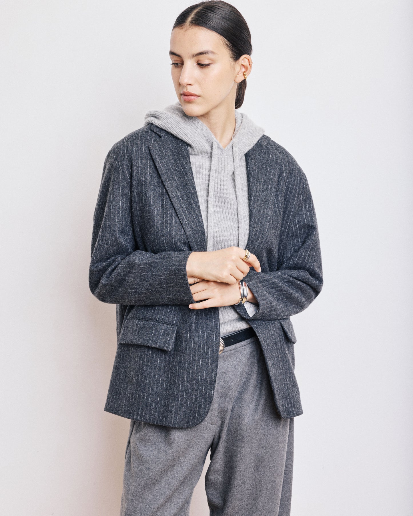 Veste Femme en Flanelle de Laine à Rayures Gris Anthracite Victo