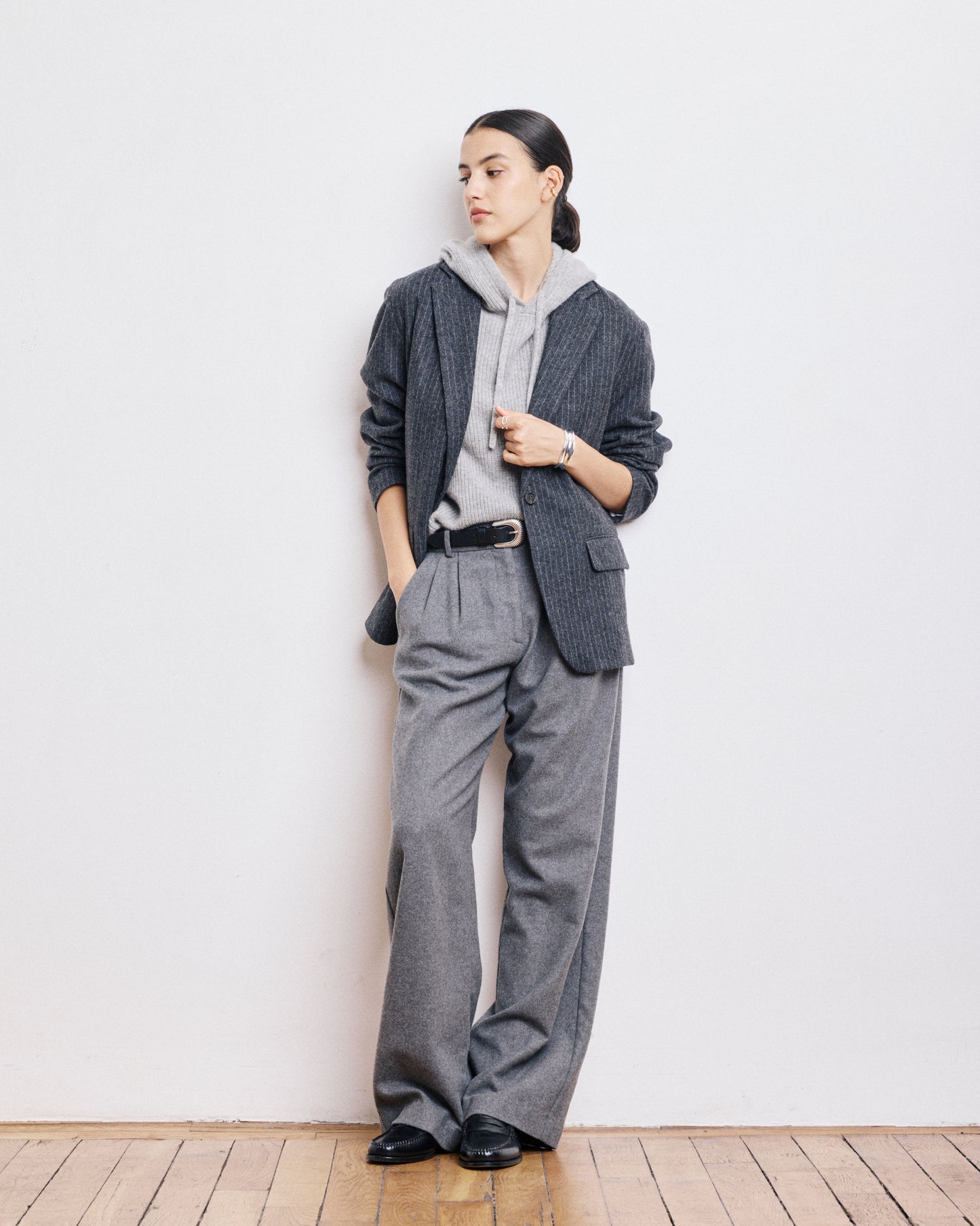 Veste Femme en Flanelle de Laine à Rayures Gris Anthracite Victo