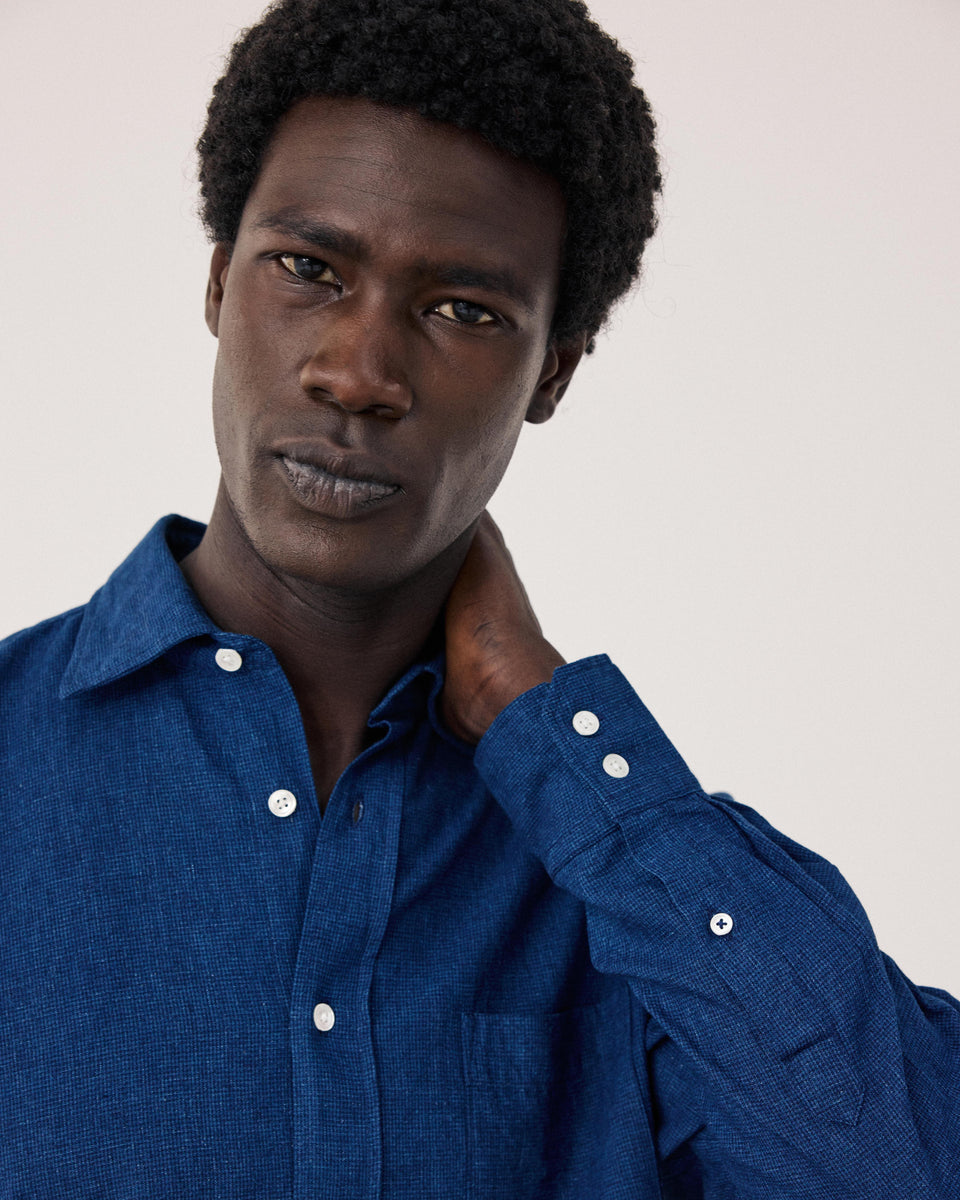 Paul Men's Indigo Blue Linen & Cotton Shirt - Image alternative