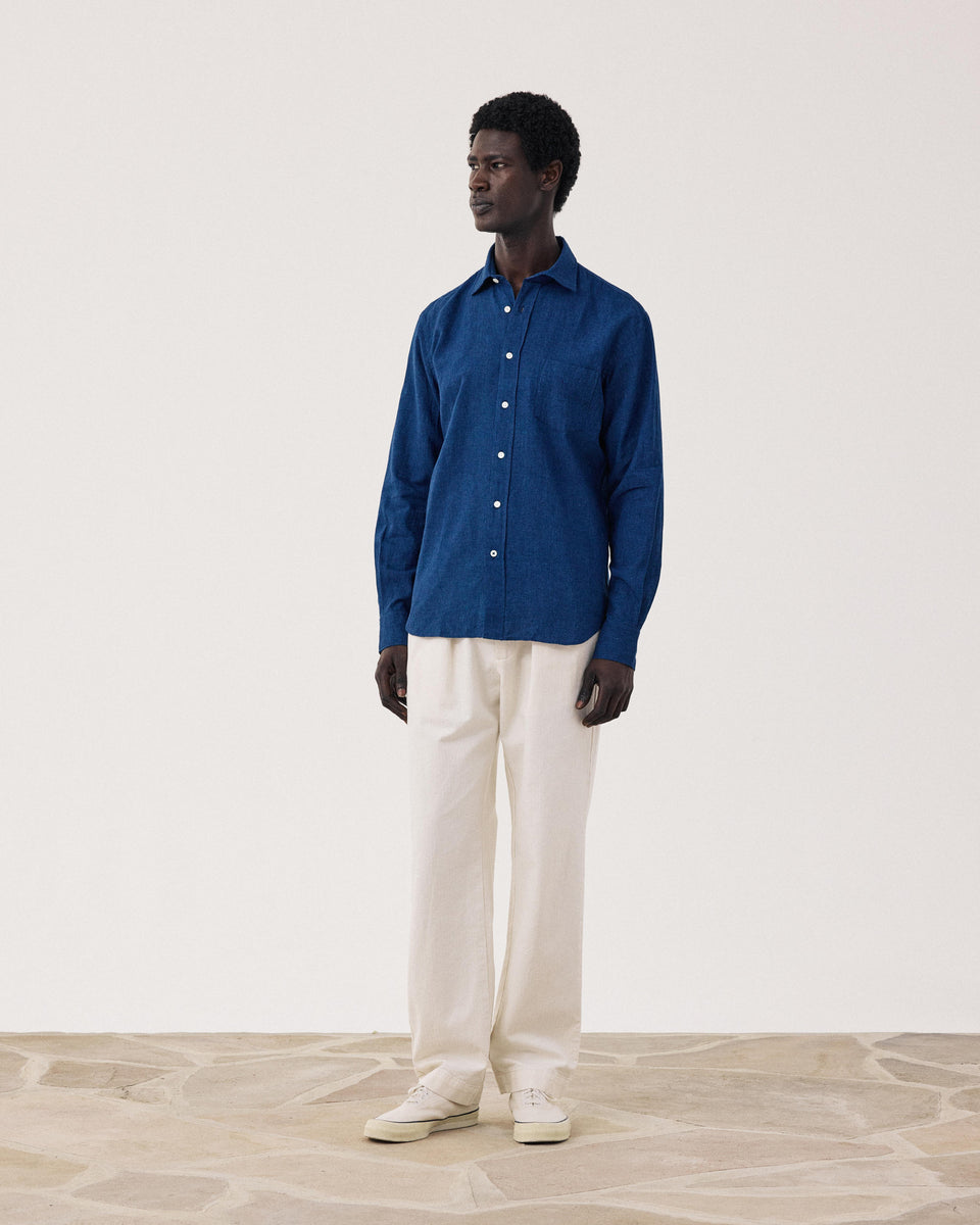 Paul Men's Indigo Blue Linen & Cotton Shirt - Image alternative