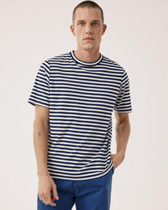 Heren T-shirt van gestreept trui in marineblauw en ecru BF89309-02