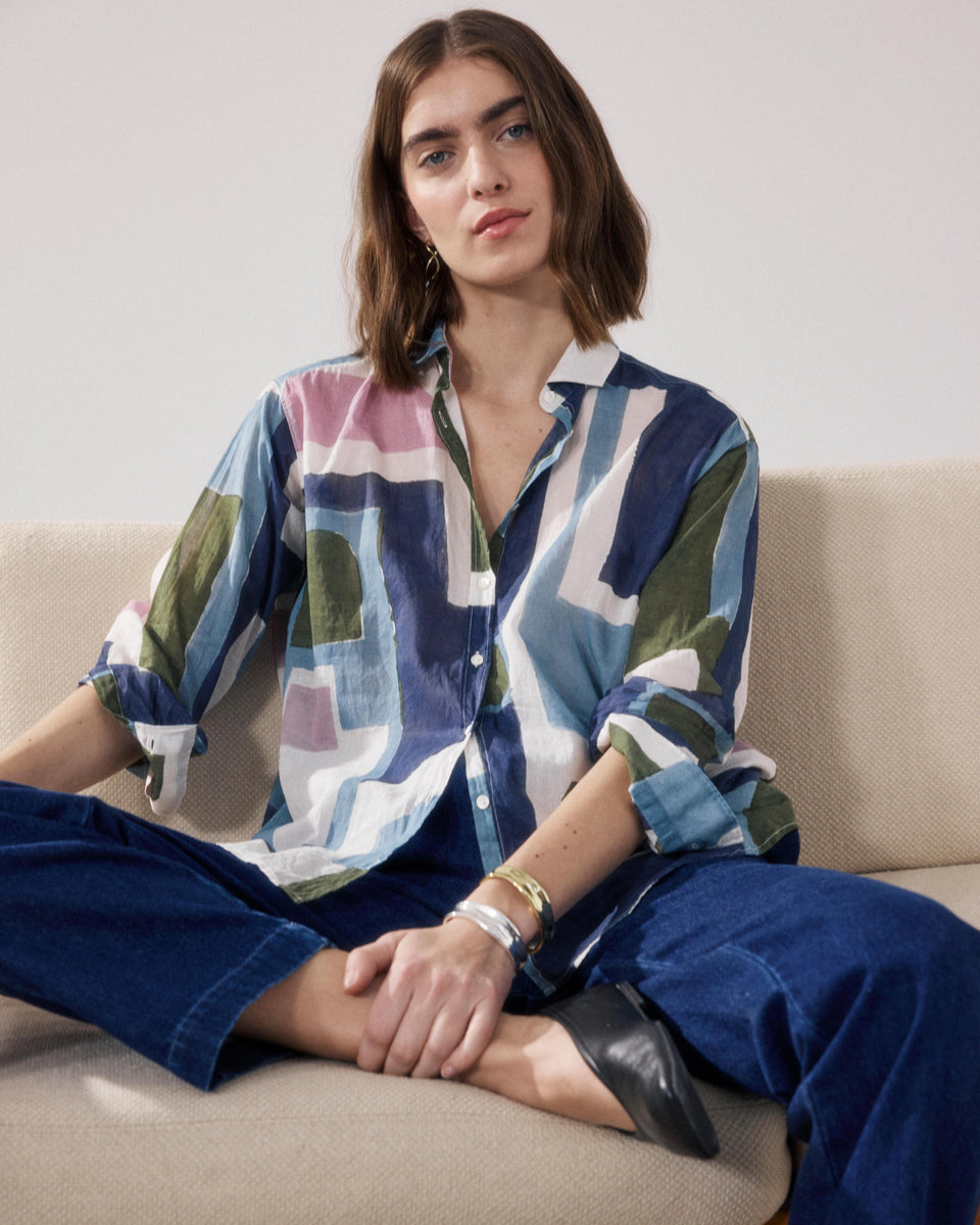 Charlot Women's White & Blue & Beige Printed Cotton Shirt - Image principale