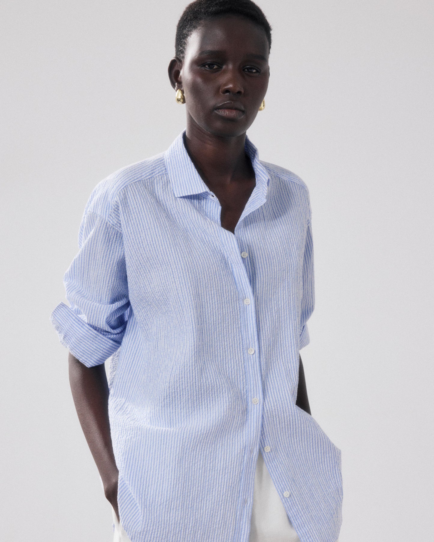 Women's White & Blue Seersucker Shirt Charlot BFCE637-04