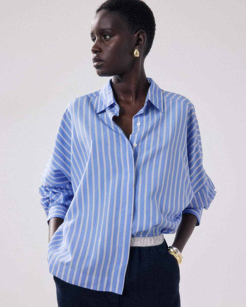 Camisa Mujer en Viscosa Azul, blanco & marrón Cosma - Image principale