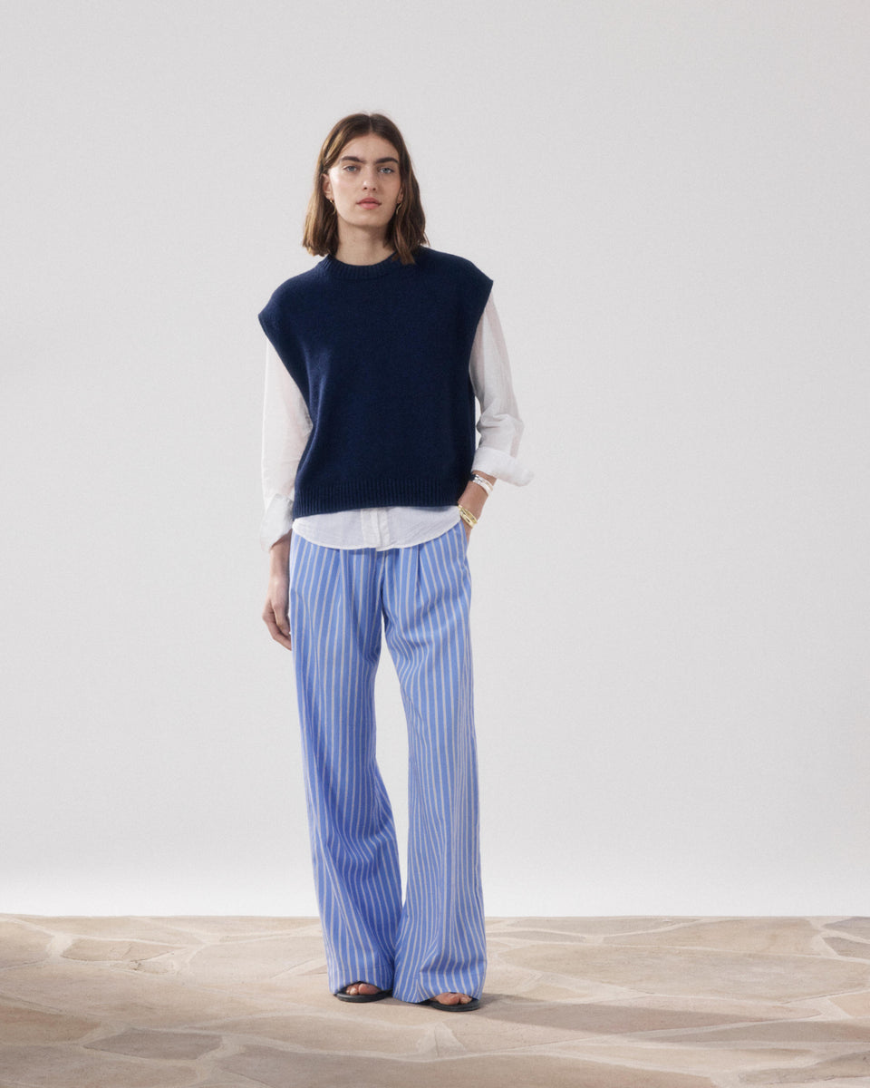 Pantalones Mujer en Viscosa Azul & blanco Paysage - Image principale