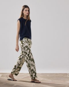 Women's Cotton Leaves Print Pants with White & Beige Perf BFPJ622-01