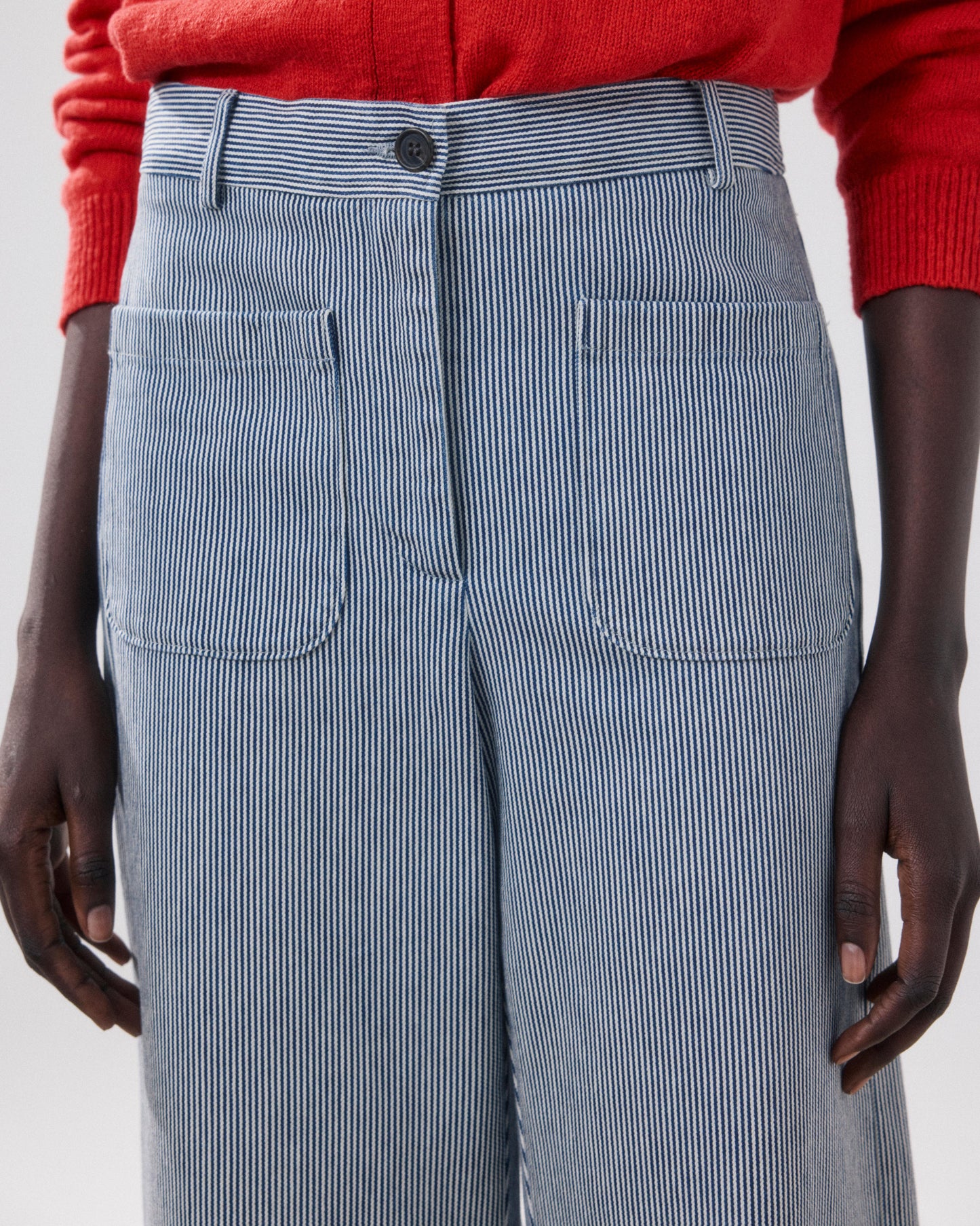 Women's White & Blue Cotton Pants BFPN618-01