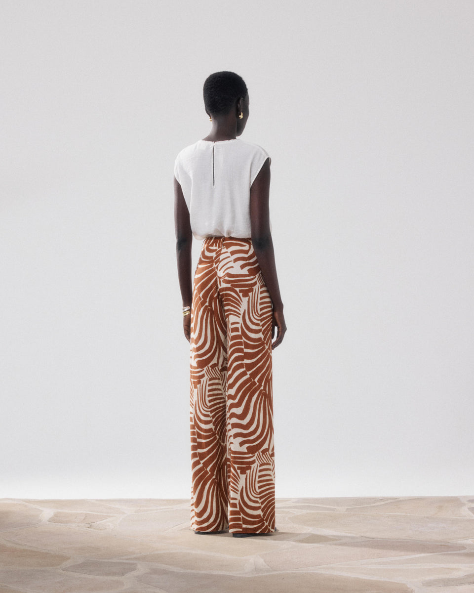 Positano Women's Ecru & Brown Printed Linen & Viscose Pants - Image alternative