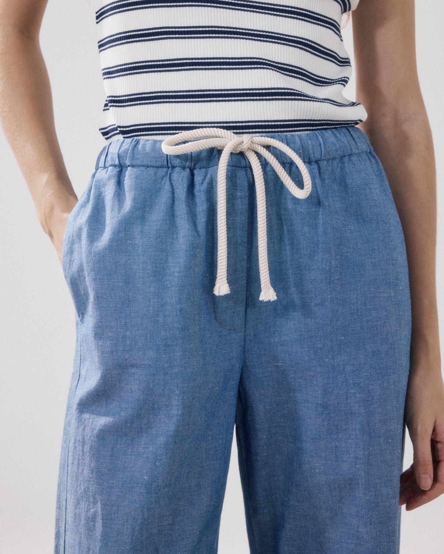 Women's Cotton & Linen Blue Denim Pants Pulam BFPT619-01