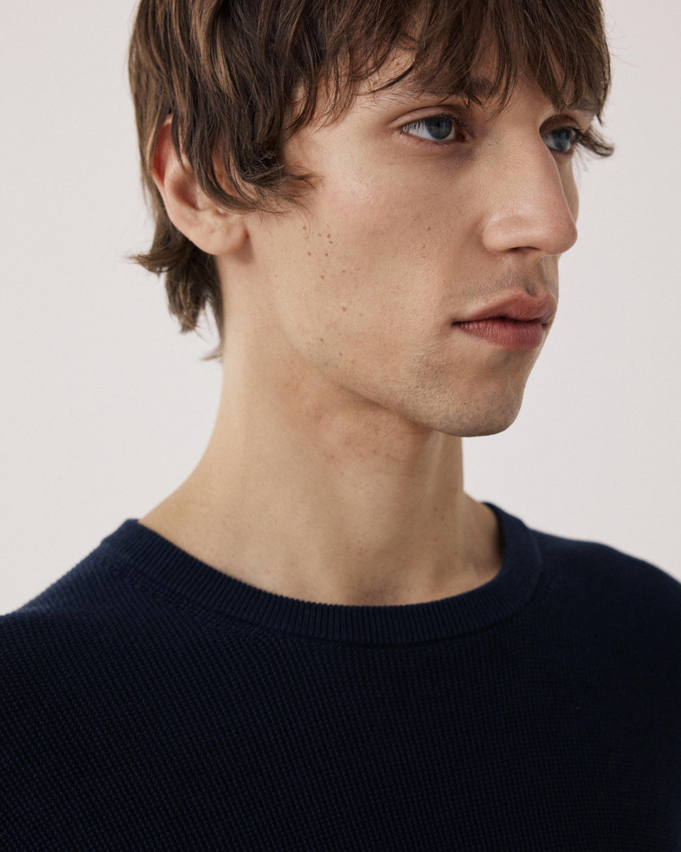 Pull Homme en Coton Piqué Bleu Nuit - Image 3