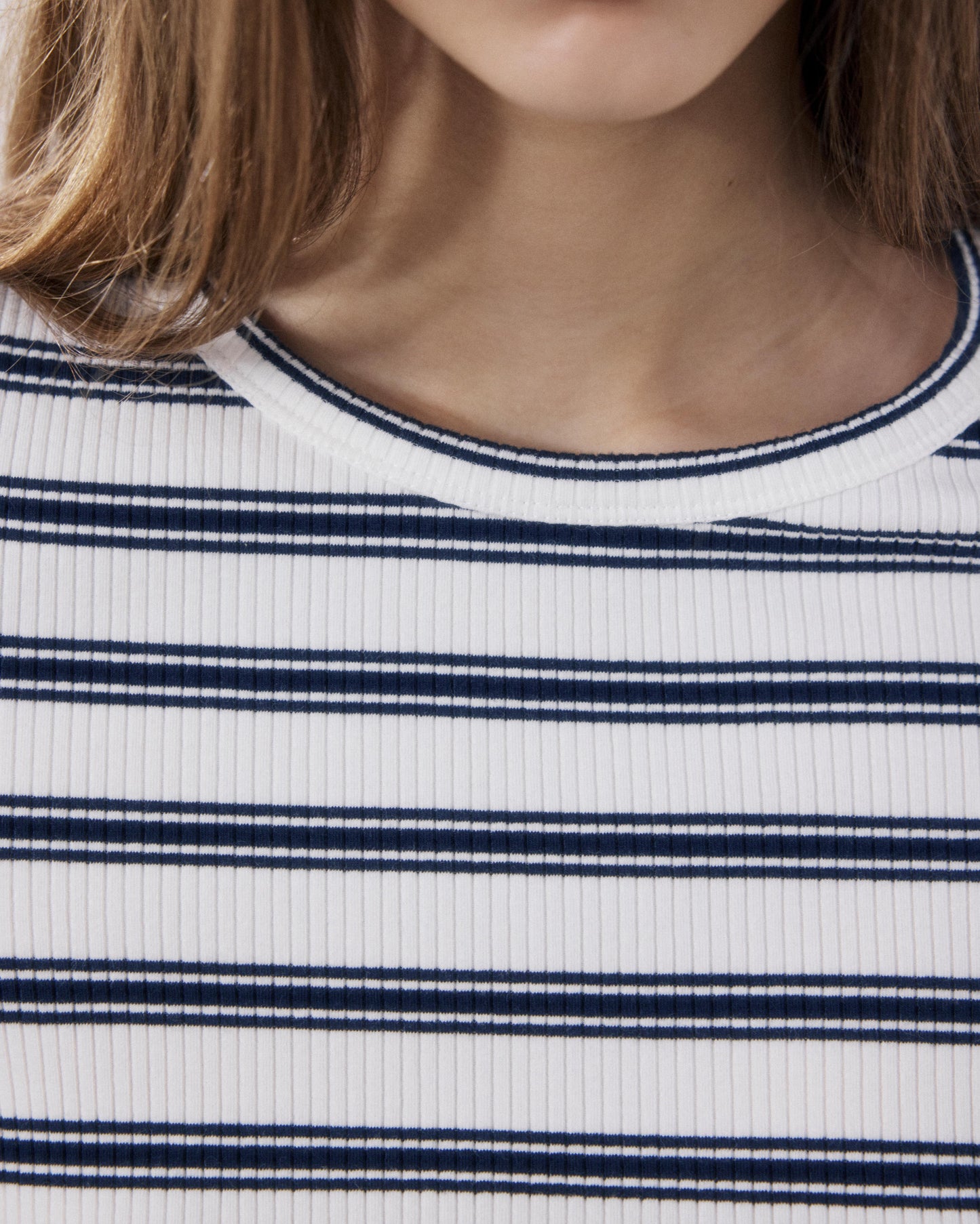 Women's Off-white & Navy Blue Ribbed Cotton T-shirt Telopea BFQD506-01