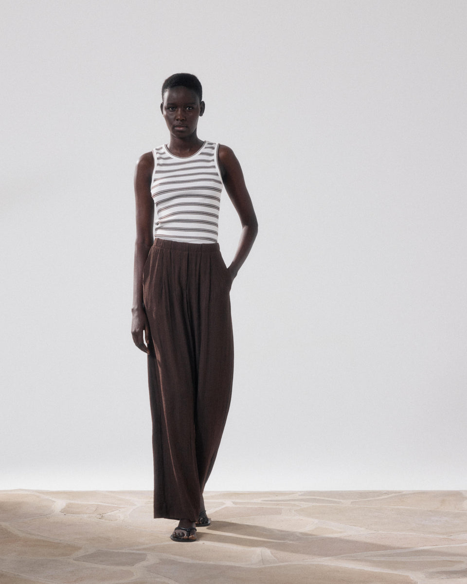 Terrya Women's Ecru & Brown Ribbed Cotton Tank Top - Image alternative