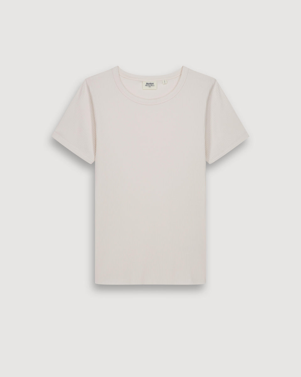 T-Shirt Femme en Coton Côtelé Ecru Tesoel - Image 3