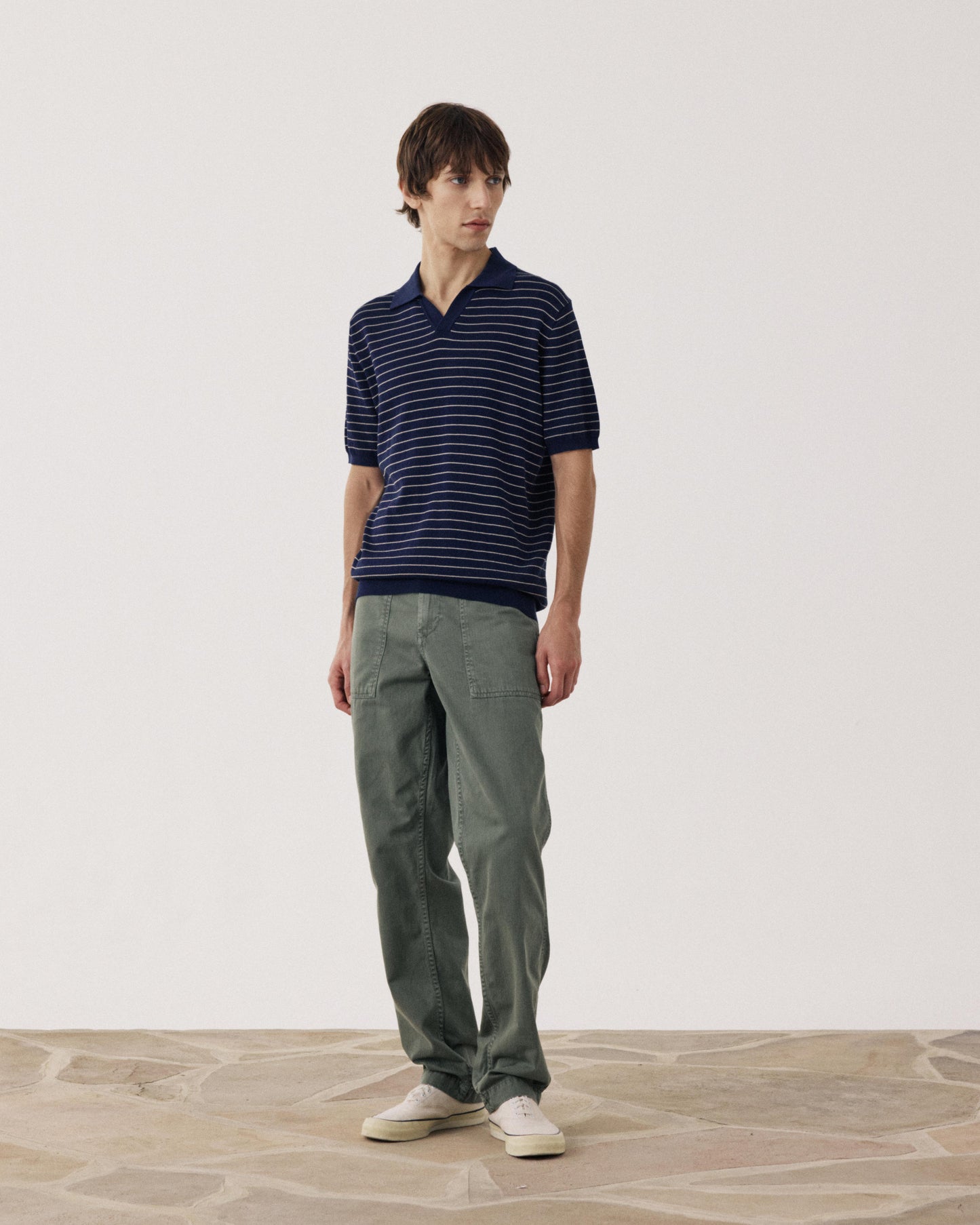 Men's embossed cotton knit polo shirt with stripes Blue BFR1316-01