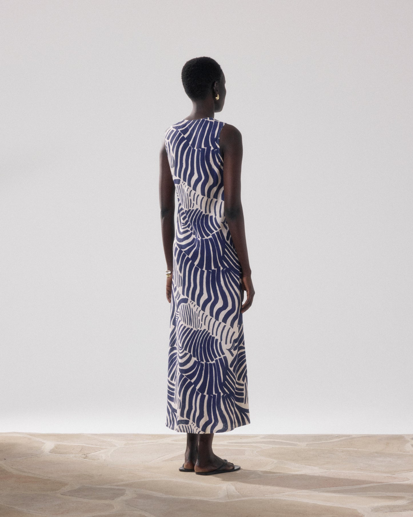 Robe Femme en Lin & Viscose Imprimé Beige & Bleu Rosabeth