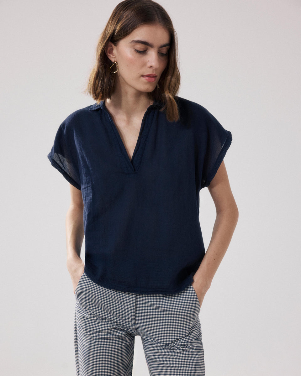 Camiseta Mujer en Algodón Bimaterial Bleu Nuit Tuggen - Image principale