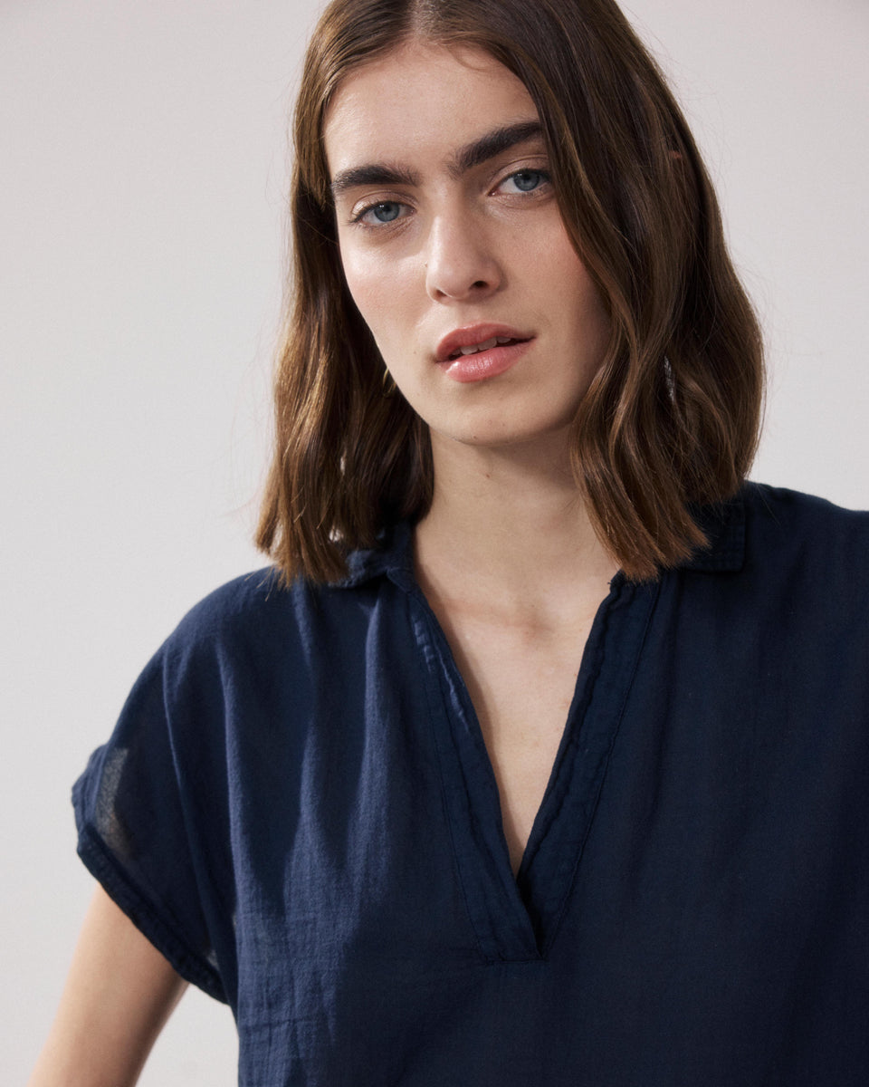 Camiseta Mujer en Algodón Bimaterial Bleu Nuit Tuggen - Image alternative