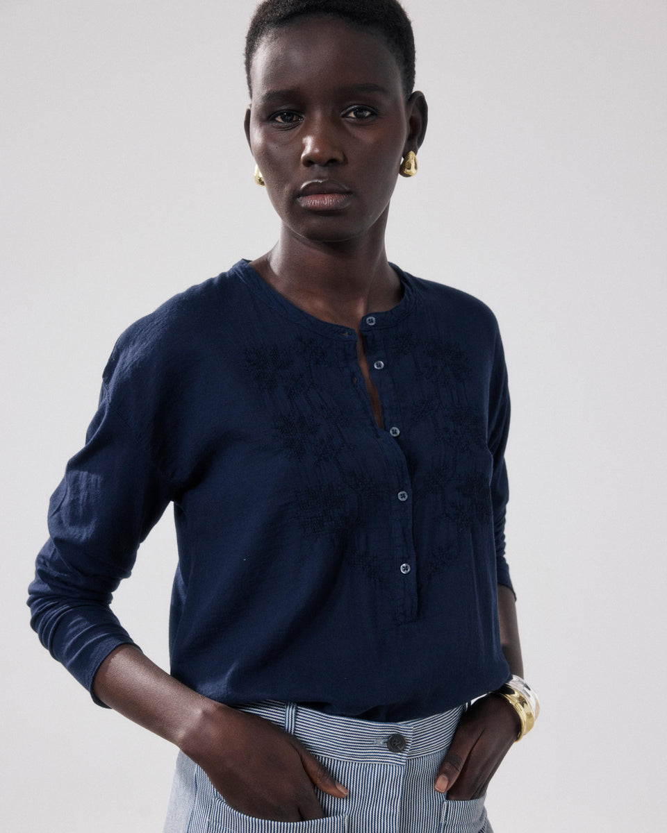 Camiseta Mujer en Algodón Bimaterial Bleu Nuit Tuanne - Image principale