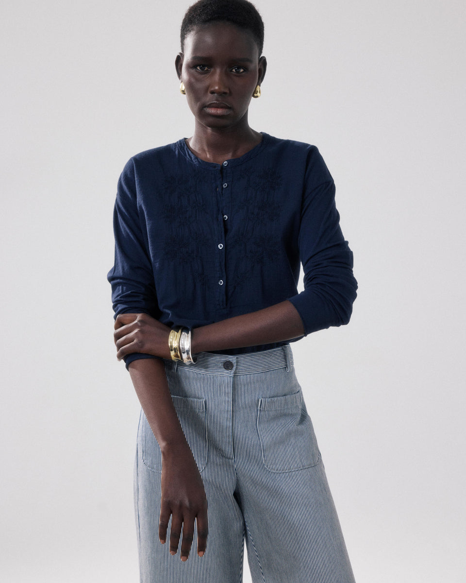 Camiseta Mujer en Algodón Bimaterial Bleu Nuit Tuanne - Image alternative