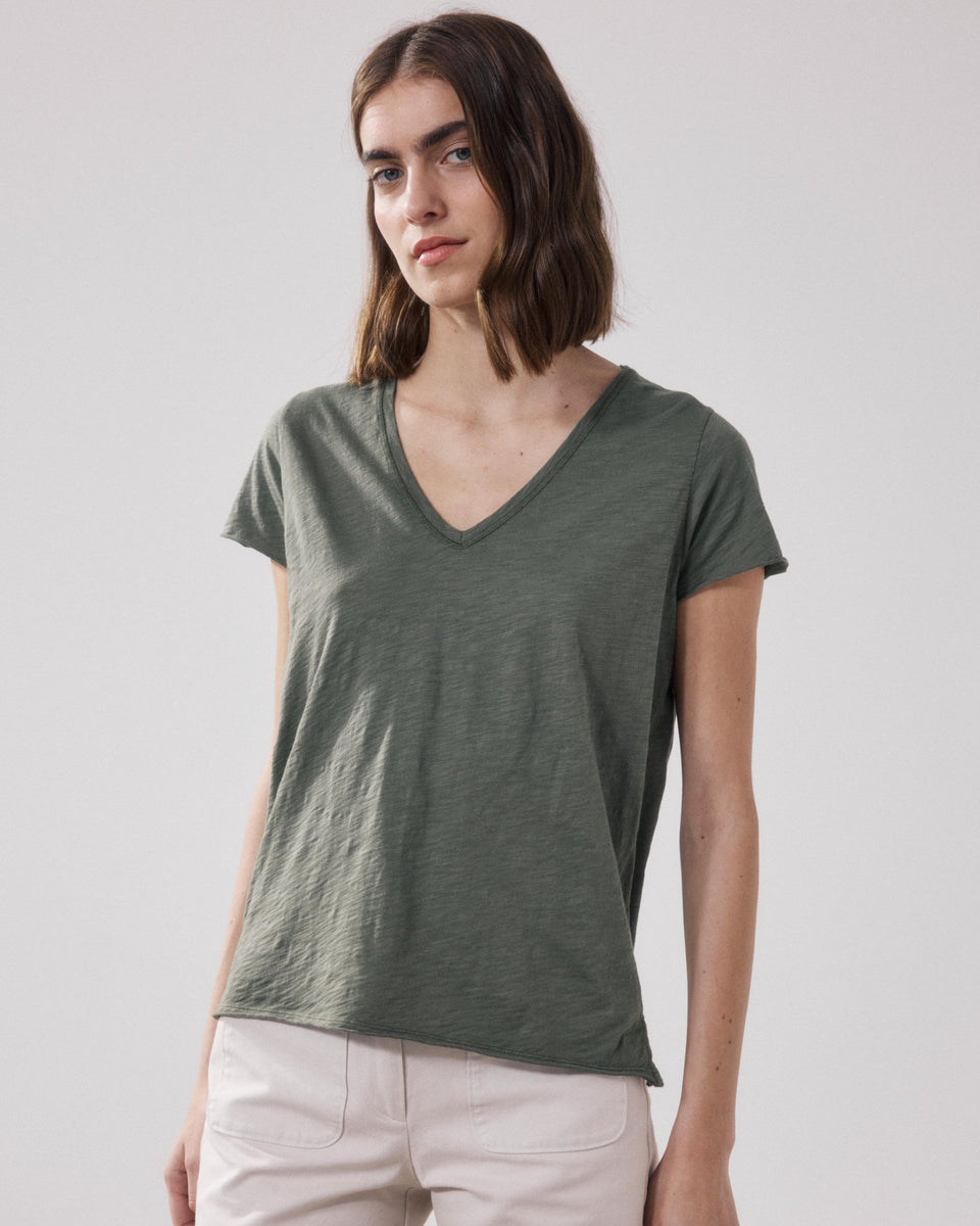 Camiseta Mujer en Algodón Flameado Verde Tovony - Image principale