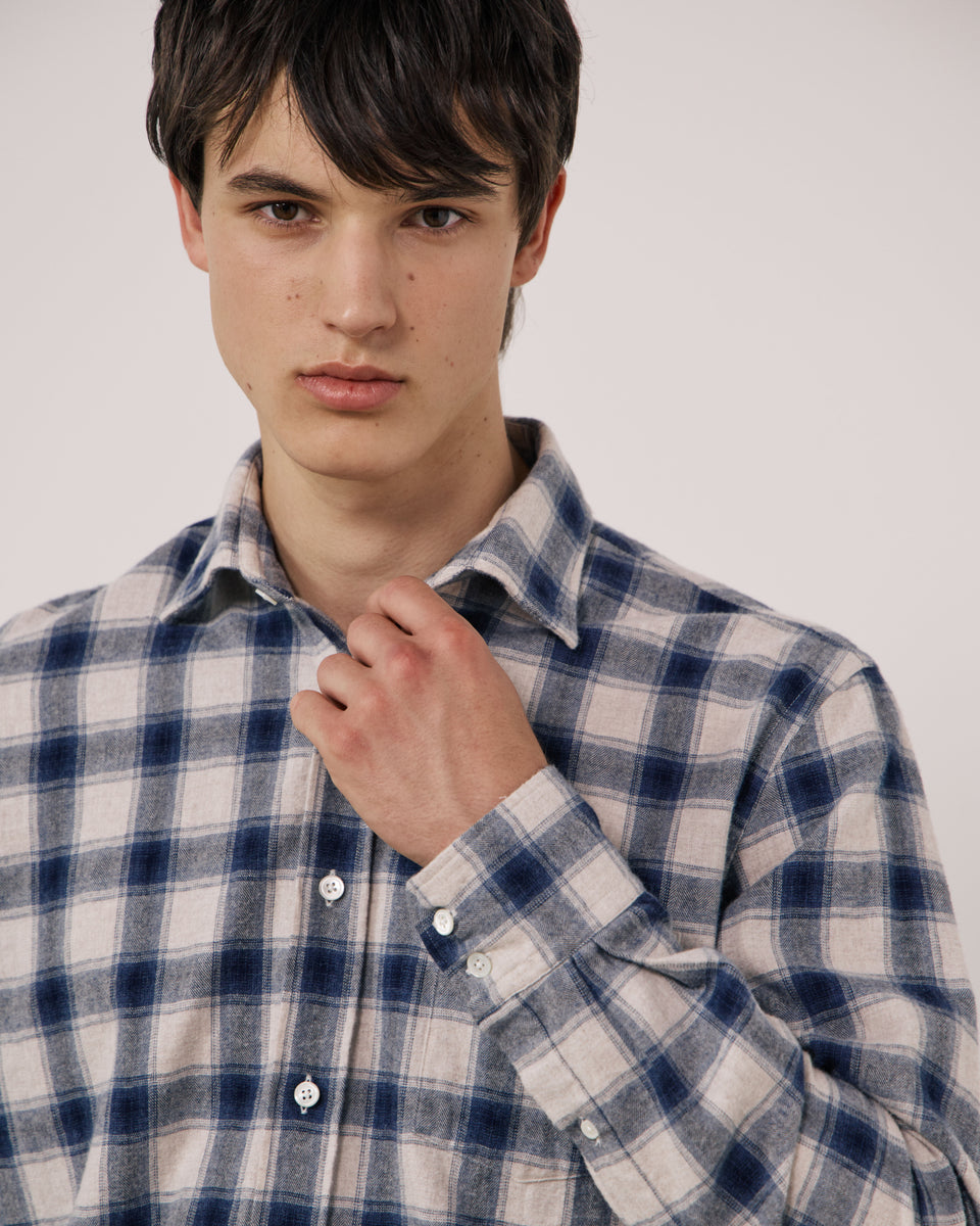 Herrenhemd aus kariertem Flanell in Ecru & Blau Paul - Image 3