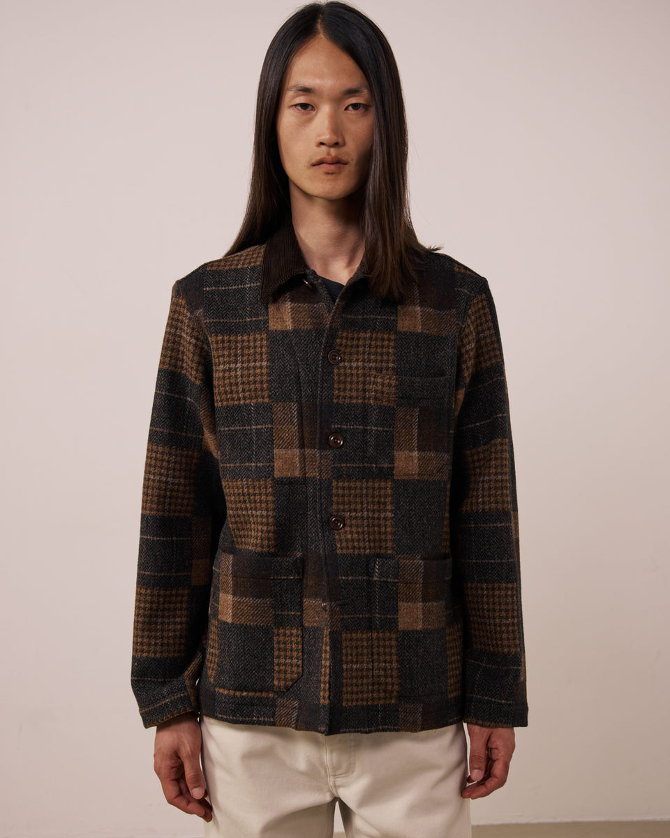 Herrenjacke aus brauner karierter Patchwork-Wolle Perry - Image principale