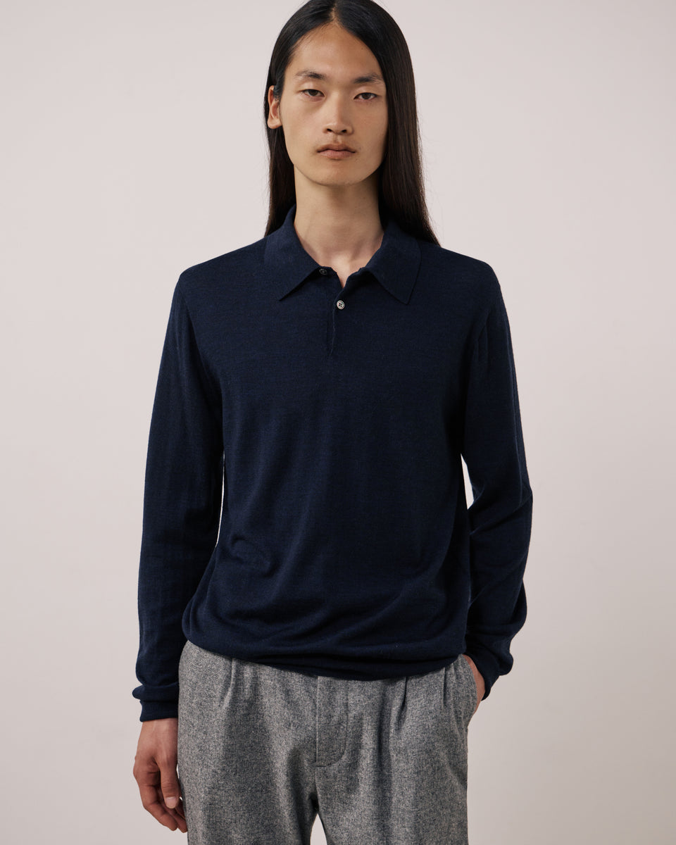 Pull Homme en Laine Extrafine Bleu Marine Merino Polo - Image principale