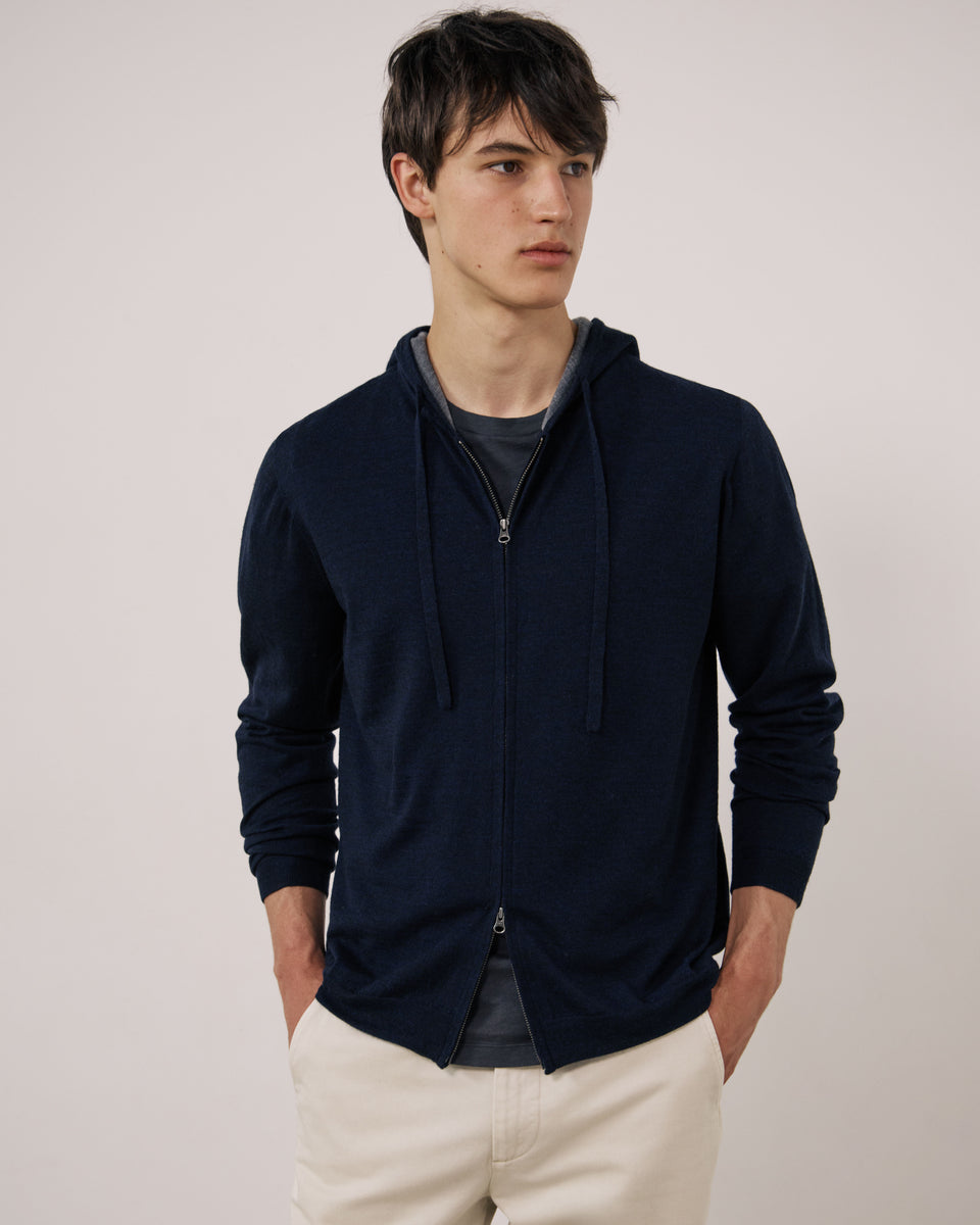 Pull Homme en Laine Extrafine Bleu Marine Merino Hoody - Image principale