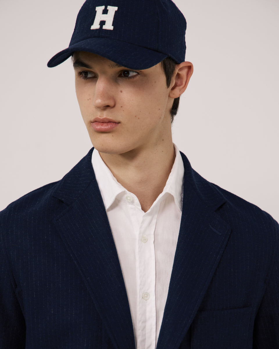 H Men's Navy Blue Striped Wool Flannel Cap - Image 2