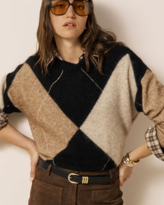 Pull Femme en Mohair Jacquard Noir & Beige Mathy