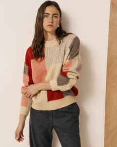 Pull Femme en Laine Mélangée imprimé Patchwork Rouge Marguerite