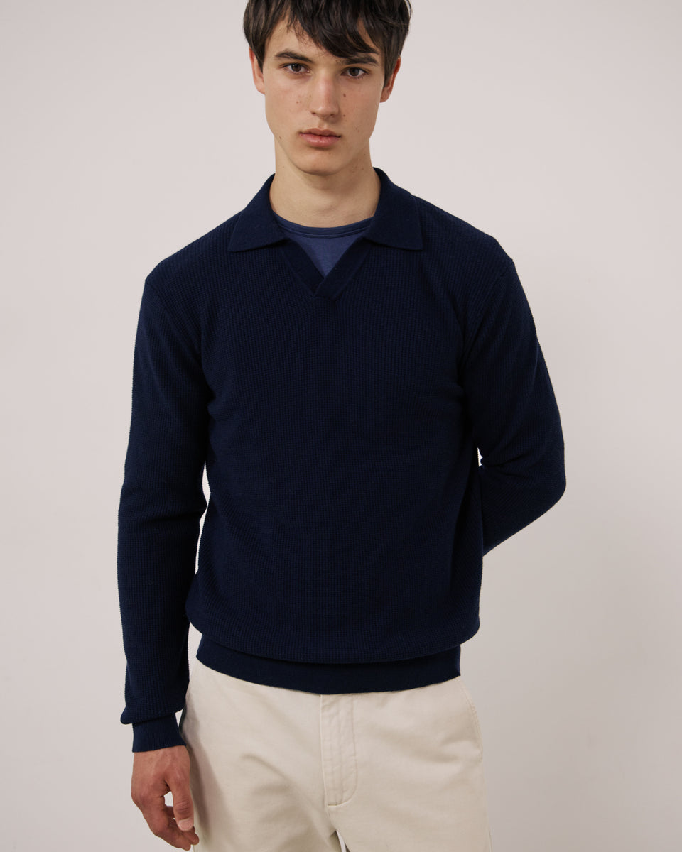Pull Homme en Laine & Cachemire Gaufré Bleu Marine Polo - Image 3