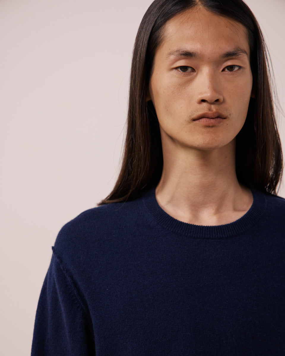 Pull Homme en Laine & Cachemire Bleu Marine Crew - Image 3